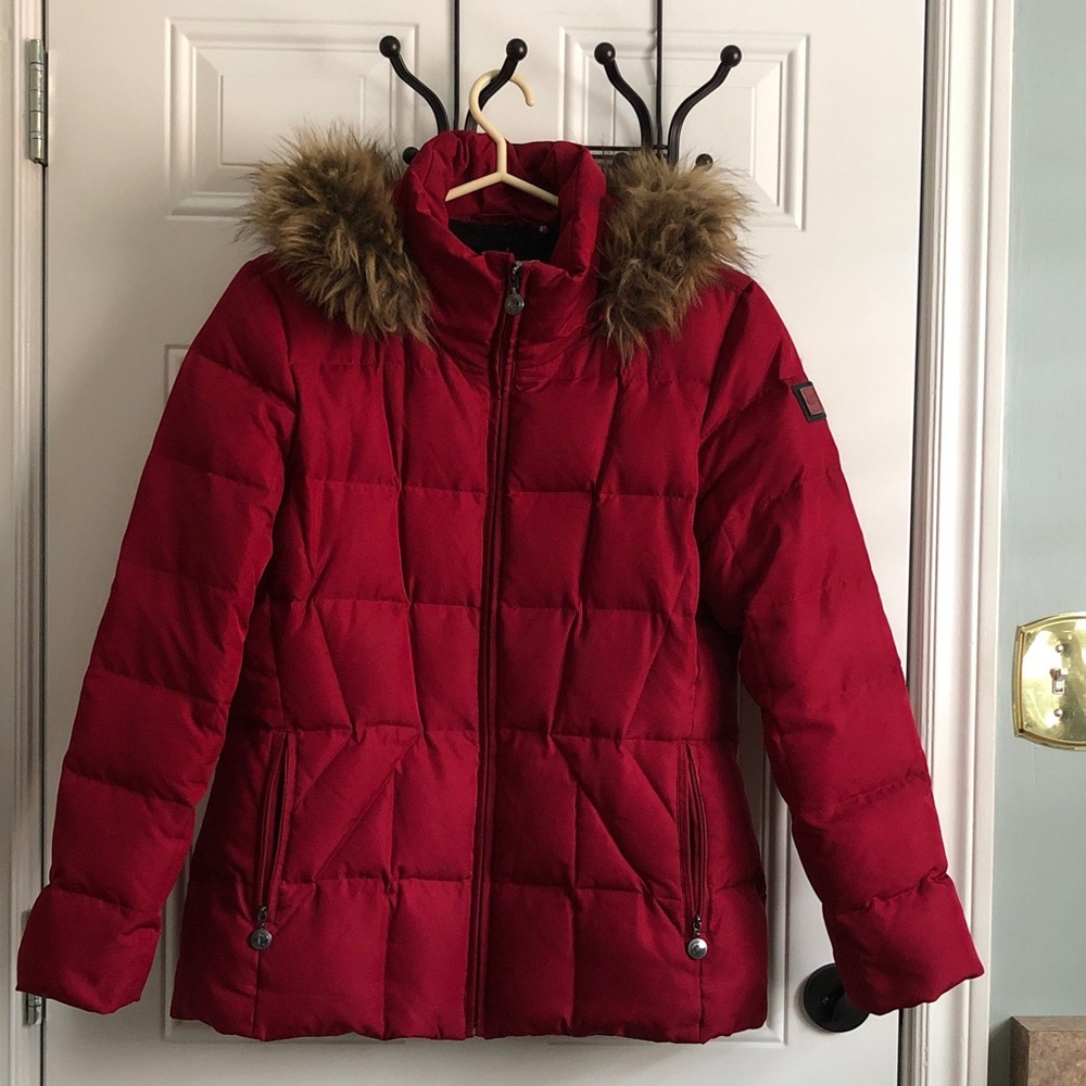 Calvin Klein Red Puffer Jacket with Faux Fur Hood